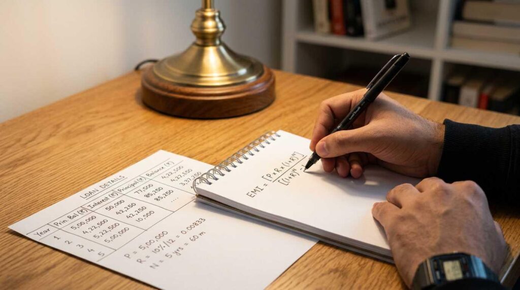 Hand writing the EMI formula on a notepad with a worked loan calculation example beside it