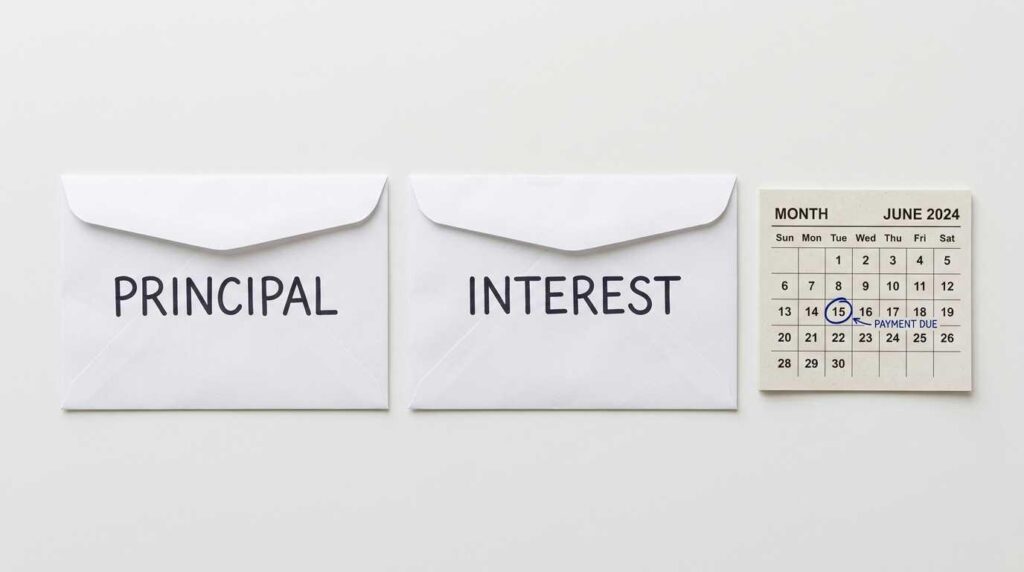 Two envelopes labelled principal and interest representing the two components of an EMI payment