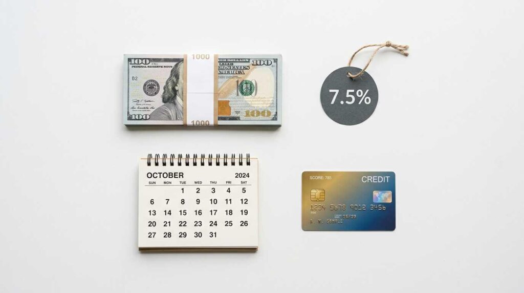 Four objects representing EMI factors: cash for loan amount, a percentage tag for interest rate, a calendar for tenure, and a credit card for credit score