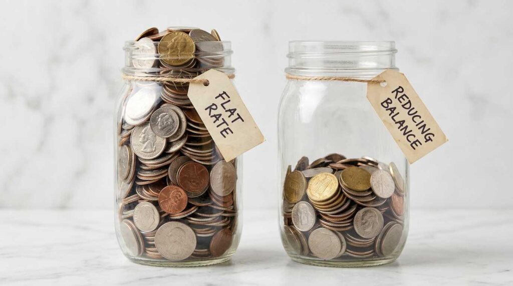 Two jars of coins comparing flat rate and reducing balance interest methods, flat rate jar holding significantly more coins
