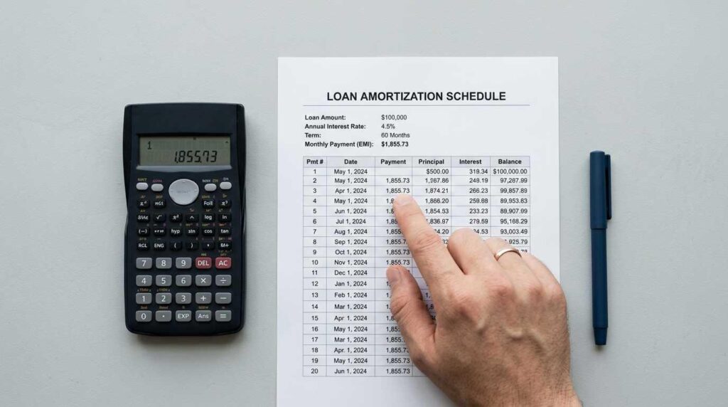 Calculator and printed amortization schedule showing monthly EMI figures with a hand pointing to the result