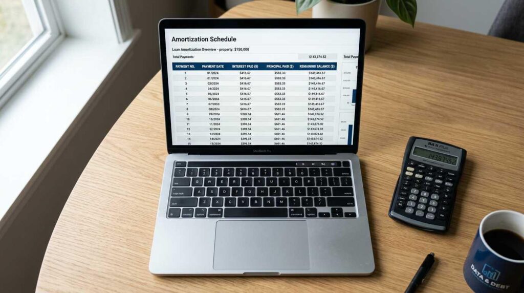 Loan amortization schedule showing principal, interest, and remaining balance