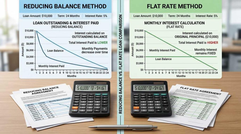 Comparison of reducing balance and flat rate loan interest calculation methods