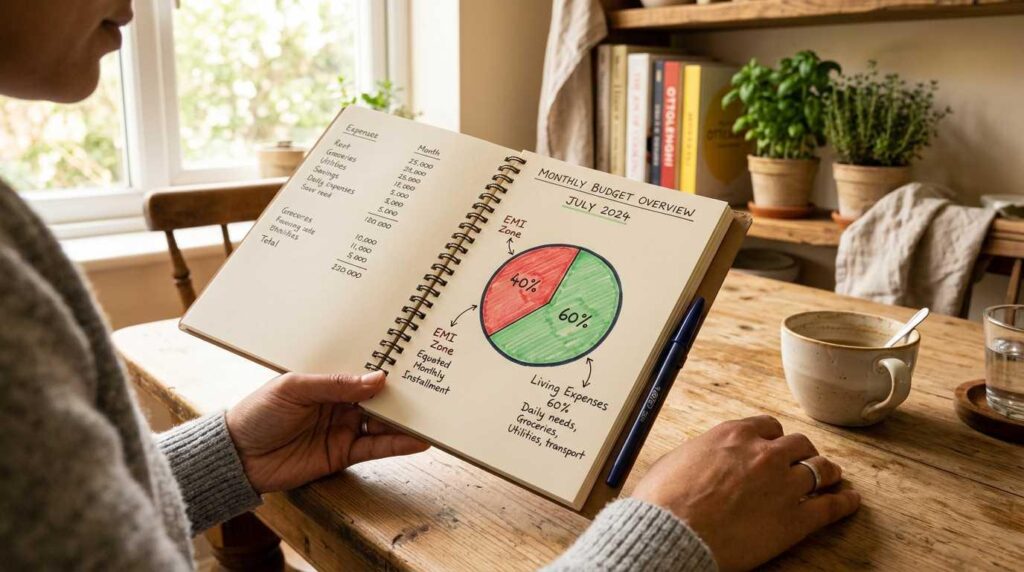 Budget planner showing the 40 percent income rule for safe EMI payments with a hand-drawn pie chart