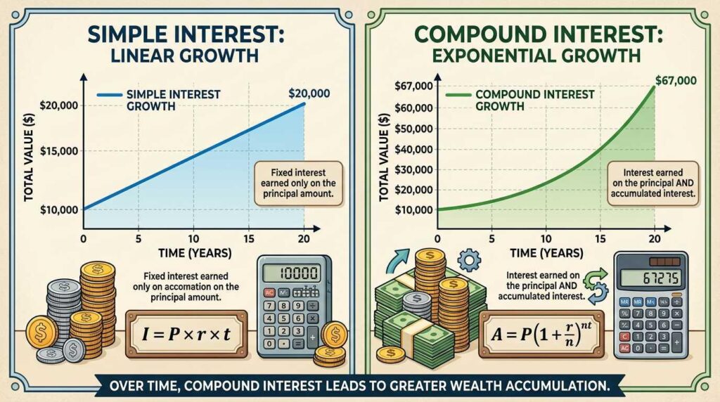 Comparison between simple interest and compound interest growth