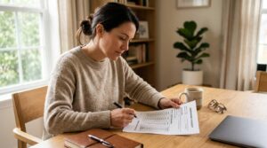 Person reviewing a loan repayment schedule showing monthly EMI breakdown on paper