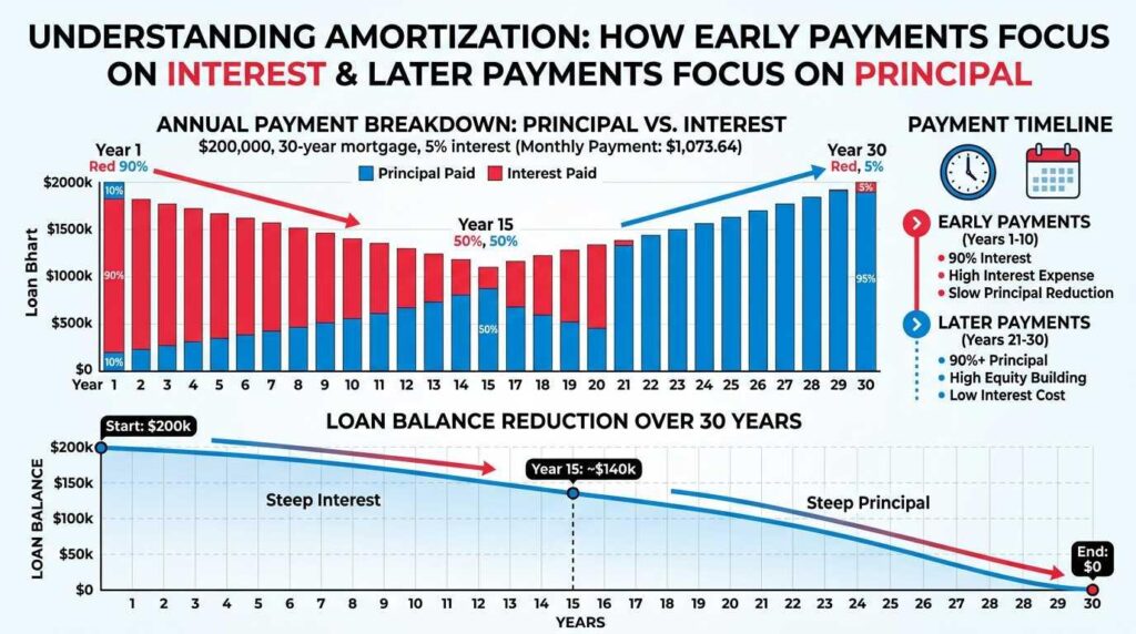 Chart showing why early loan payments contain more interest than principal