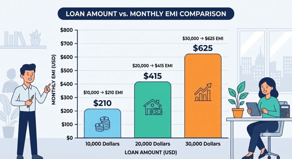Bar chart comparing EMI at different loan amounts