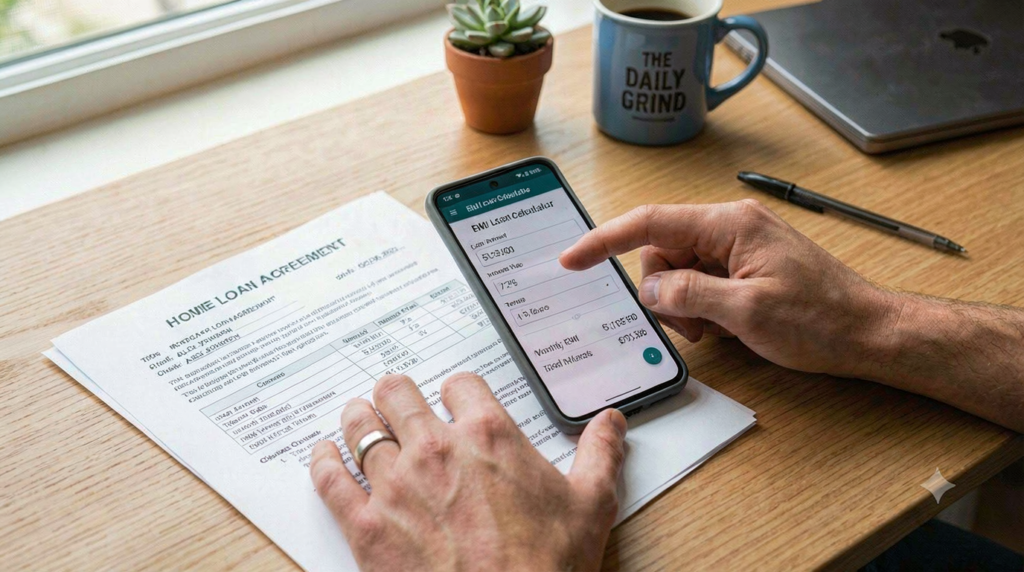 Person calculating personal loan EMI using a calculator app